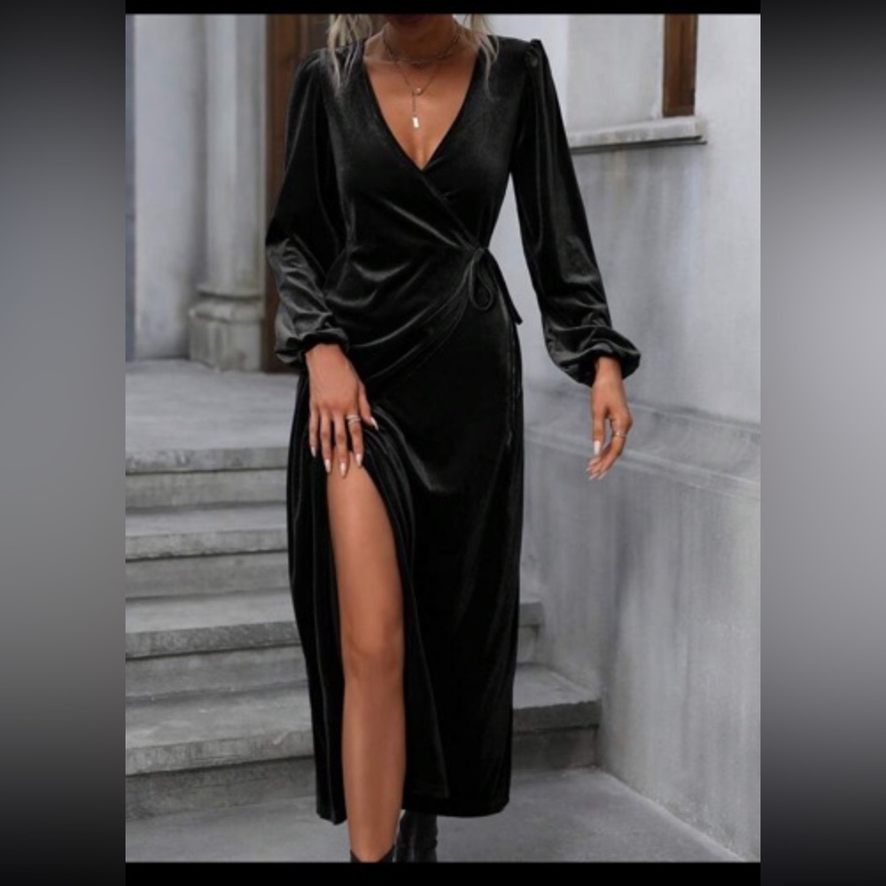 Black velvet material long dress